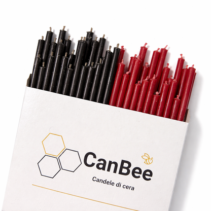 Candele Sottili Rosso & Nero in Cera d’Api Naturale | Energia, Protezione e Forza | 16 cm | Ø 5 mm | Durata 40 min | 50 Pezzi | CanBee